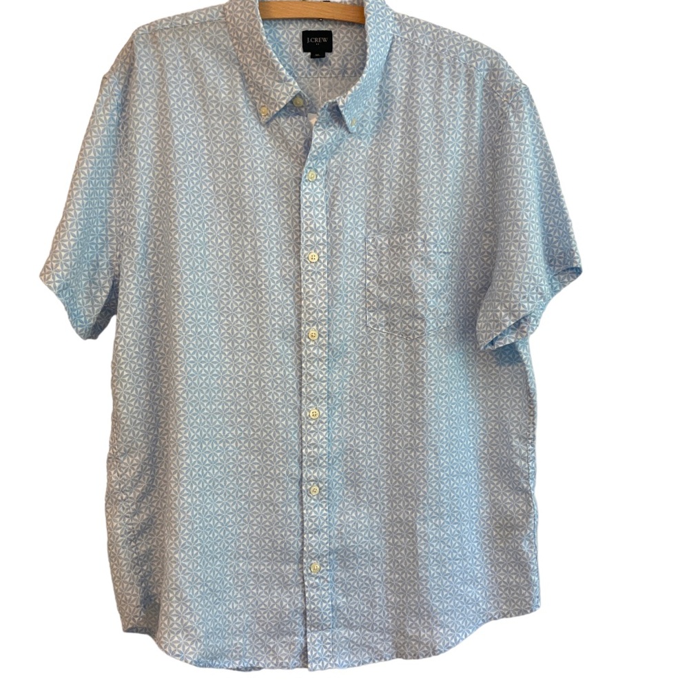 J. Crew Leaf Printed Short Sleeve linen blend Button Down Shirt blue XL slimfit